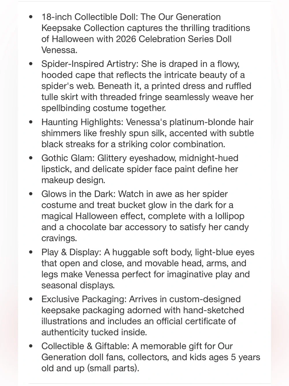 Our Generation Vanessa Spider Queen Halloween Collectible Doll Limited Edition